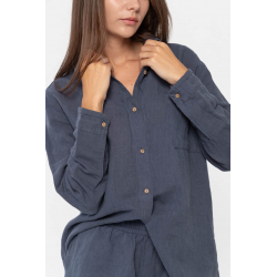 Домашняя длинная рубашка со льна Lotus Home - Bruma синий XL, , 6